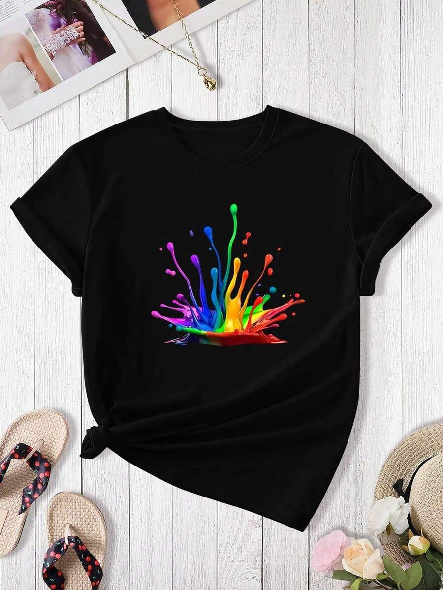 Women's Black Short-Sleeved T-Shirt With Rainbow Ink Splash Print, Round Neck, Soft And Clingy, Casual Design, Cool And Breathable With A Striking Personality, Urban Bohemian Retro Style, Blouse For Modern And Daring Girls, Suitable For Daily Comfort And Relaxation. - 黑色 - 查看 1