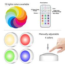 Luz LED tipo puck con control remoto, regulación de intensidad y temporizador, funciona con pilas (pilas no incluidas), diseño inalámbrico de presión, iluminación RGB de 13 colores - Adecuado para armarios, dormitorios, cocinas, debajo de escaleras - RGB - Ver 3