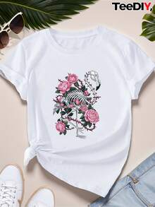 Camiseta Deportiva de Manga Corta para Mujer, Talla Grande, con Diseño de Esqueleto de Flamingo, Playeras de Mujer de Algodón, Blusa Negra para Dama - Blanco - Ver 7