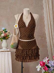 Women's Sexy Polka Dot Print Tie-Neck Tankini Swimsuit With Open Back, Suitable For The Beach And Vacation - 棕色 - 查看 12