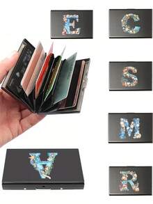 Ocean Theme Letters A-Z Initial Pattern Slim Card Case, Seashell And Starfish Initials Print,Minimalist Aluminium Metal Wallet, RFID Privacy Protection Credit Card Holder - Multicolor - View 2
