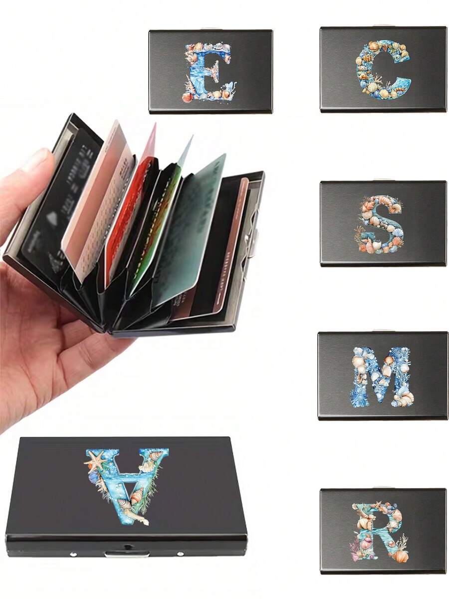 Ocean Theme Letters A-Z Initial Pattern Slim Card Case, Seashell And Starfish Initials Print,Minimalist Aluminium Metal Wallet, RFID Privacy Protection Credit Card Holder