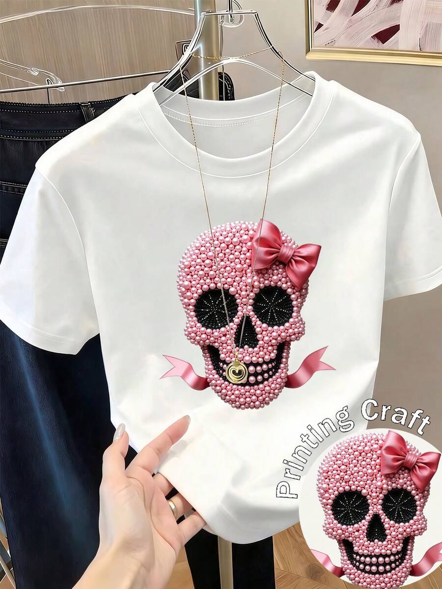 Camiseta de manga corta con estampado para mujer, ropa de primavera, atuendo para festividades, blanca para verano, look playero, estilo vacacional, estilo rural, atuendo de oficina para mujer. - Blanco - Ver 1