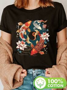 Camiseta con estampado vintage de pez koi japonés, manga corta y cuello redondo, top casual para verano y primavera, ropa de mujer - Negro - Ver 7