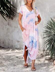 Vestido largo de manga corta con cuello en V y estampado tie-dye para mujer, vestido informal holgado con degradado de color, con bolsillos y abertura lateral, perfecto para la playa - Azul - Ver 4