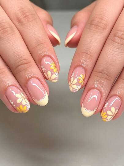 Instantly Upgrade Your Look With 24pcs Oval Shape Press On Nails Cute Yellow French Style Pink Nails With White Lace Trim Fashionable Yellow And White Flowers White Polka Dots Spring/Summer False Nails Full Cover False Nails Tip For Women And Girls Includes 1 Sheet Adhesive Tabs & 1 Pc Mini File Strip Jelly Gel Random Shipment