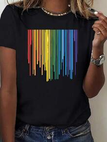 conjuntos de mujer 2026 Camiseta de color sólido para mujer con rayas de arcoíris coloridas, ajuste cómodo, cuello redondo, ropa casual - Lavable a máquina, top de algodón puro. - Negro - Ver 7
