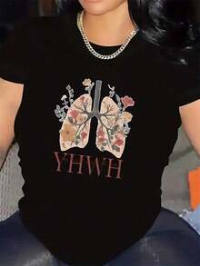Camiseta de manga corta de poliéster con diseño floral YHWH, ligera y duradera para salidas informales, el hogar o entornos de restaurante, ajuste cómodo para uso diario. Blusas para mujer, camisa. - Negro - Ver 6