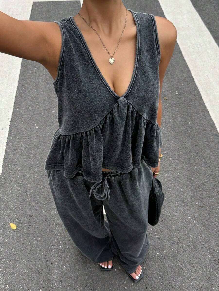 Conjunto de 2 piezas de camisola con cuello en V y pantalones para mujer, estilo vintage, efecto desgastado y lavado a la nieve, de , para verano. - Negro - Ver 1