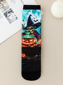 1 paire de chaussettes mi-mollet pour hommes d'Halloween avec éléments de crâne, sorcier, chauve-souris, citrouille lanterne. Édition limitée de la série sombre. Chaussettes décontractées confortables, chaussettes de fête festives, chaussettes de costume d'Halloween, chaussettes de niche uniques - Multicolore - Voir 3