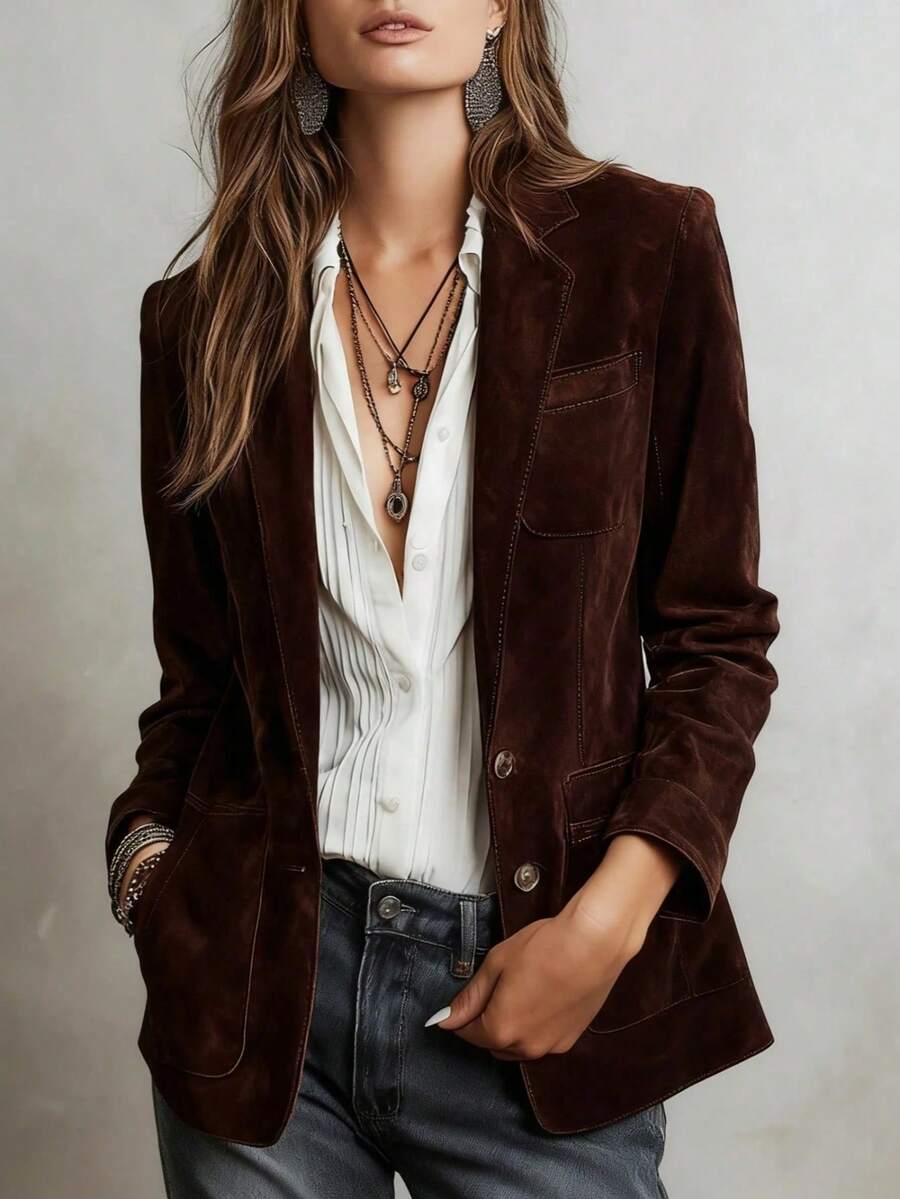 Women's solid color elegant suede coat with pockets and buttons - Burdeos - Ver 1