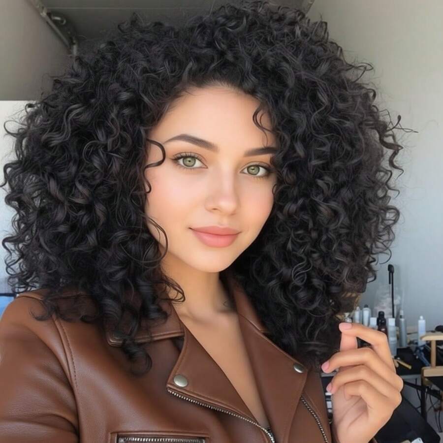 Curly Wig With Bangs Synthetic Heat Resistant Full Wig Curly Wigs For Women - Black - View 1