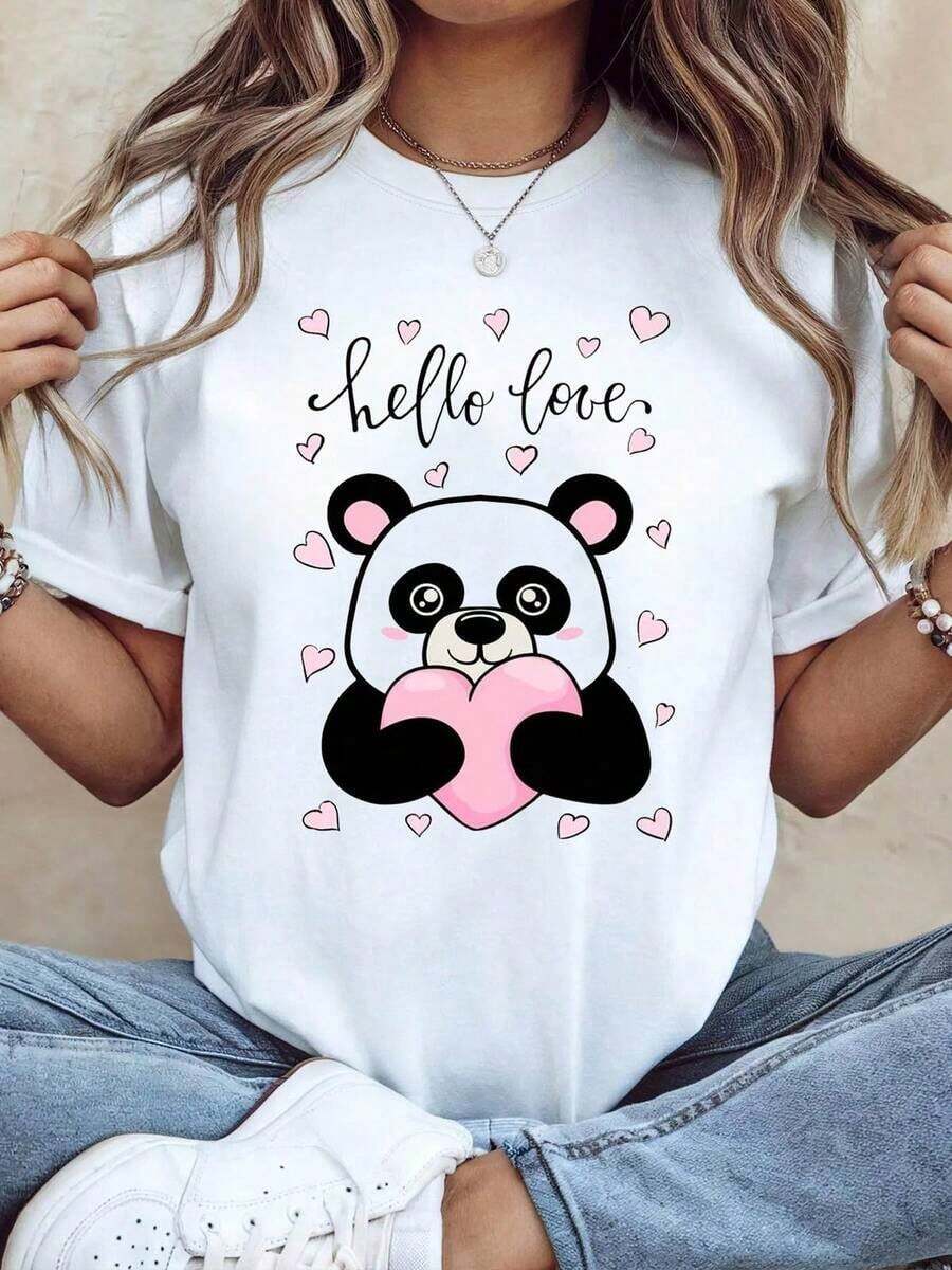 Women's Panda & " Love" Slogan T-Shirt - Soft Casual Short Sleeve Top With Panda Face & Text, Spring Summer Blouse For Valentine's Day Outfits, Machine Washable Cute Daily WearWomen's Casual Short Sleeve Tee Standard Size Basic T-Shirt - Blanco - Ver 1