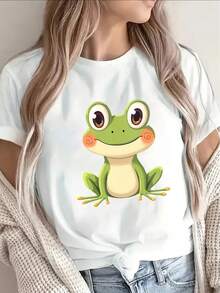 Camiseta de manga corta de poliéster con estampado de ranas para mujer, ligera y duradera, adecuada para el ocio en casa o actividades al aire libre, de ajuste cómodo y con diseños llamativos. - Blanco - Ver 1