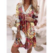 Vestido de mujer colorido con estampado boho, escote en V con volantes, mangas largas elásticas, corte holgado cómodo ideal para primavera y verano, estilo hippie casual perfecto para fiestas, vacaciones en la playa y eventos al aire libre - Burdeos - Ver 6
