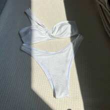 Nuevo y sensual traje de baño de dos piezas con diseño de tela en relieve, de un solo hombro y sin tirantes. - Rosa Fucsia - Ver 4