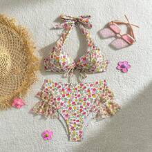 Bikini de Mujer de Dos Piezas, Cintura Alta con Volantes y Estampado Floral – Estilo Fresco y Dulce - azul cielo - Ver 4