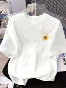 Camiseta de manga corta estampada con diseños de girasoles y corazones en la parte delantera y trasera - Una camiseta estampada de primavera/verano para mujer, ¡tu mejor elección! Transpirable y cómoda. - Blanco - Ver 11