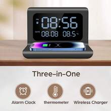 Wireless Charger Dock With Digital Alarm Clock, Fast Charging Station Compatible With IPhone 17/16/15/14/13/12, Compatible With Samsung Galaxy Phone, Desktop Charger Stand With Time, Date And Temperature - Black - View 3