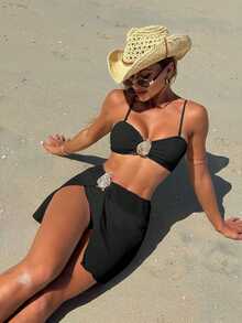 Nuevo Bikini de 3 Piezas para Playa con Falda Corta, Traje de Baño para Mujer - marrón café - Ver 8