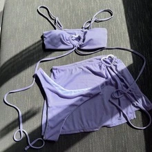 Nuevo traje de baño de tres piezas con diseño acanalado en color sólido. - Morado de taro - Ver 9