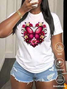Camiseta de Mujer Blanca con Estampado Floral "Corazón de Flor de Mariposa", Camiseta Casual de Manga Corta con Cuello Redondo de Algodón para Mujer, Tejido Ligero y Transpirable, Ideal para el Verano, Perfecta para Uso Diario, Estilo Casual Cottagecore, Transpirable y Cómoda. - Blanco - Ver 2
