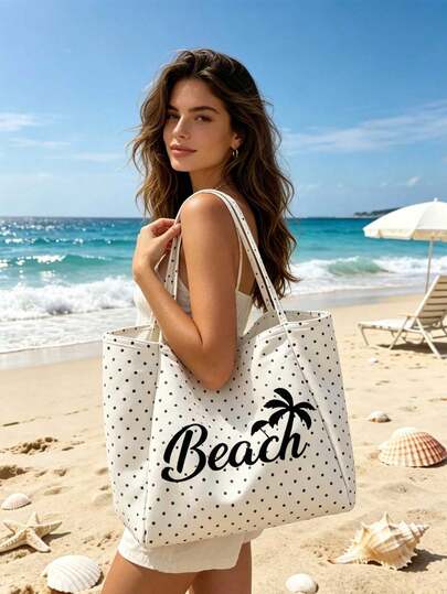 白色波点沙滩手提袋，饰有“Beach”字母和棕榈树图案，大号帆布单肩包，可重复使用的购物旅行手提袋，可折叠帆布单肩手提包，通勤手提袋
