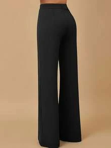 Women's Elegant High-Waist Wide-Leg Pants With Gold Chain Decor, Fashionable Polyester Long Pants, Suitable For New Year Outfit, Non-Stretch Full Length Design Solid Color Metal Chain Office Professional - Black - View 4