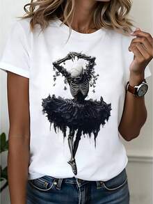Camiseta unisex de estilo gótico con estampado de calaveras y bailarina, 100% algodón, diseño elegante y oscuro de bailarina, falda de ballet negra con elementos de esqueleto, cuello redondo cómodo, manga corta, lavable a máquina, adecuada para uso casual en todas las estaciones y Halloween. - Blanco - Ver 8