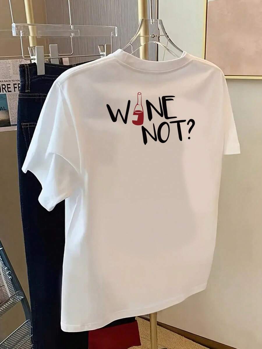 Camiseta de manga corta con estampado de vino y bebidas, cuello redondo, estilo casual para mujer, moderna y cómoda, un clásico versátil y a la moda para primavera y verano. - Blanco - Ver 1