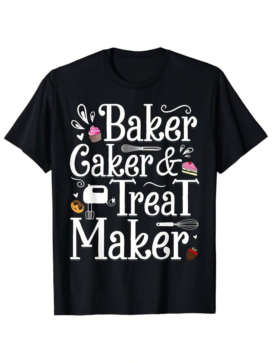 Camiseta Deportiva Casual para Mujer con Diseño Divertido Baker & Baker - Camiseta Negra Elástica de Cuello Redondo, Lavable aáquina, Ajuste Cómodo y Perfecta para Todas las Estaciones. - Negro - Ver 1