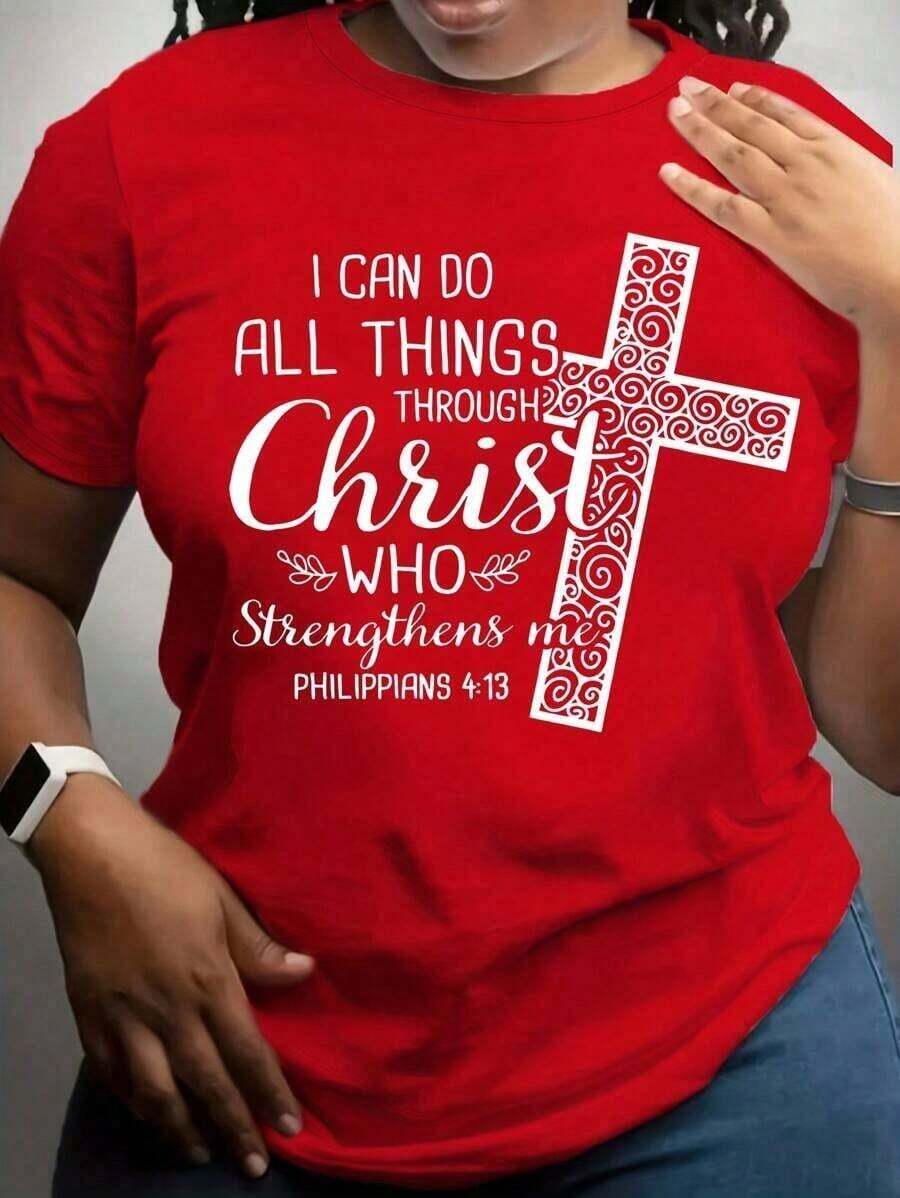 Camiseta Holgada Sencilla Mujer Estilo Moderno Playera de algodón suave para mujer, camisetas de mujer con la impresión de la cruz y la frase 'I CAN DO ALL THINGS . . . ', camiseta casual de manga corta con estampado gráfico de fe para mujer, verano. Camiseta Mujer Estampado Gráfico  Verano 2026 - Rojo - Ver 1
