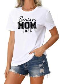 Camisetas de manga corta para mujer, cuello redondo, 100% algodón, camiseta de manga corta con cuello redondo, para mamá embarazada, estampado "Esperante Mamá 2026". - Blanco - Ver 1