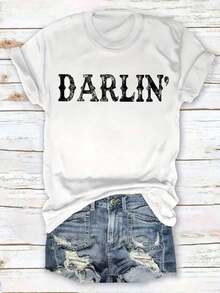 Nuevas llegadas para el verano. Camiseta de cuello redondo con letras sencillas para mujer, estilo divertido europeo y americano de Darlin. Blusa, camisa > Hermosa. - Negro - Ver 7