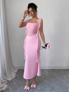 YHHElenzga Vestido ajustado y elegante de color rosa romántico con paneles de malla contrastante, estilo cola de pez y cinta, para primavera/veranoYHH - Rosa - Ver 4