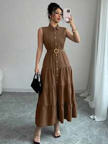 Women's Single-Breasted Sleeveless Shirt Dress With Ruffled Hem In Solid Color - Brown - View 5