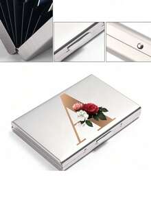 Red Flowers And Gold Letters A-Z Initial Pattern Slim Card Case Minimalist Aluminium Metal Wallet RFID Privacy Protection Credit Card Holder ID Business Card Pouch Portable Card Organizer Thin Metal Purse Multifunctional Card Storage Box For Daily - Multicolor - View 10