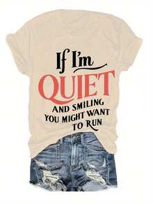 Women's Plus Size Crew Neck Casual T-Shirt With "If I'm Silent And Smiling, Maybe You'll Want To Run" Letter Print, Short Sleeve, Slightly Stretchy Fabric, Perfect For Spring And Summer, All-Season Top | Fun Print Shirt | Stretchy Material, Women's T-Shirts - 杏色 - 查看 6