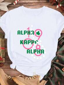 Elegante y casual para mujer, manga corta, camiseta Alpha Sorority con diseño de letras griegas 1908 y trébol, ropa casual blanca para mujer, primavera verano. - Blanco - Ver 3