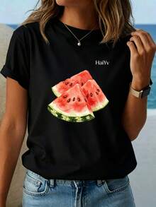 Oferta por tiempo limitado, cantidad limitada disponible,  relámpago, camisas de mujer, camisetas de mujerPlayera Casual Negra de Mujer con Estampado Frutal de Sandía en Acuarela, Camiseta Manga Corta Cuello Redondo,  Moda Verano 2026, Ropa Comoda para Salidas y Uso Diario - Negro - Ver 2
