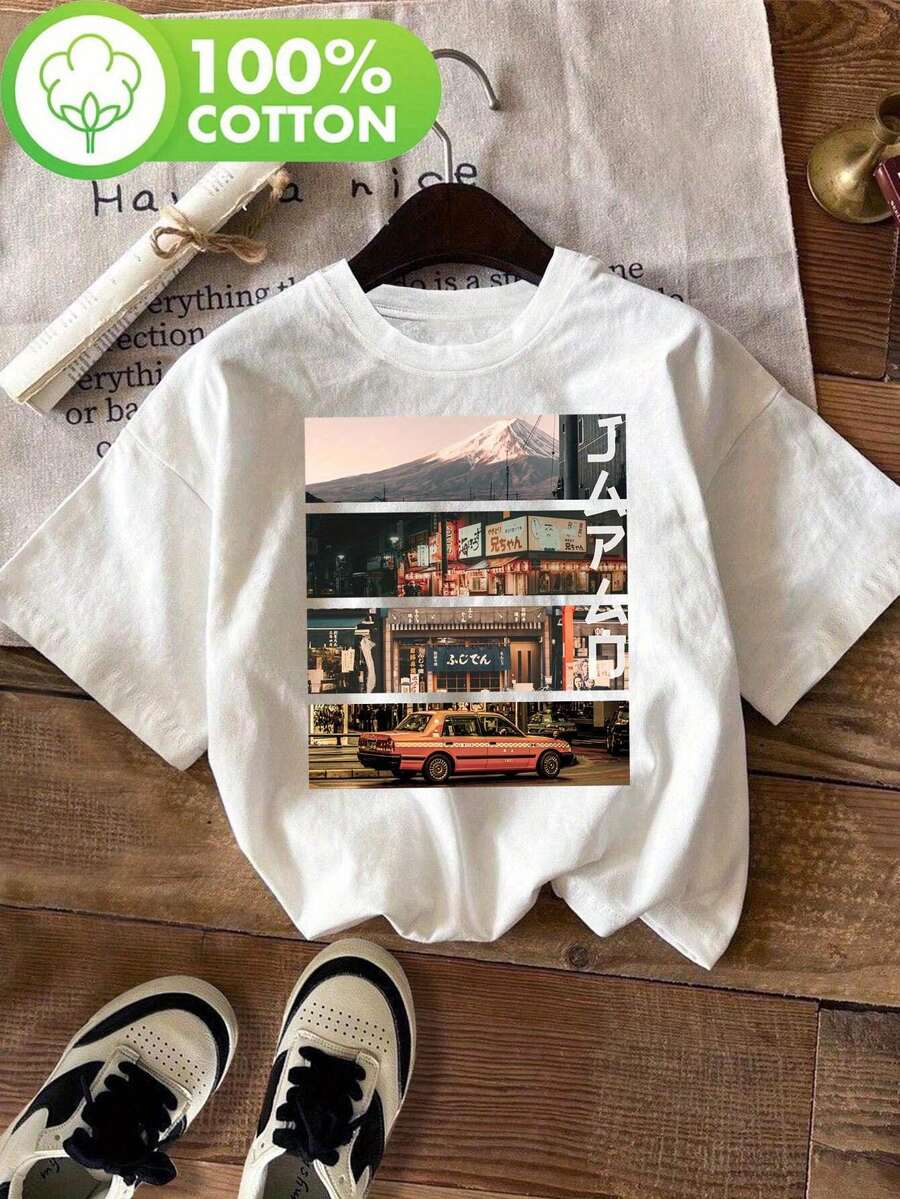 Camiseta de Mujer con Diseño Japonés de Montañas Nevadas, Estilo Estético Vaporwave de los 80 y 90 de Tokio y Osaka, Camisetas Estampadas, Tops Casuales de Manga Corta y Cuello Redondo, para Verano y Primavera, Ropa de Mujer, Tops para Salir de Noche para Mujer - Blanco - Ver 1
