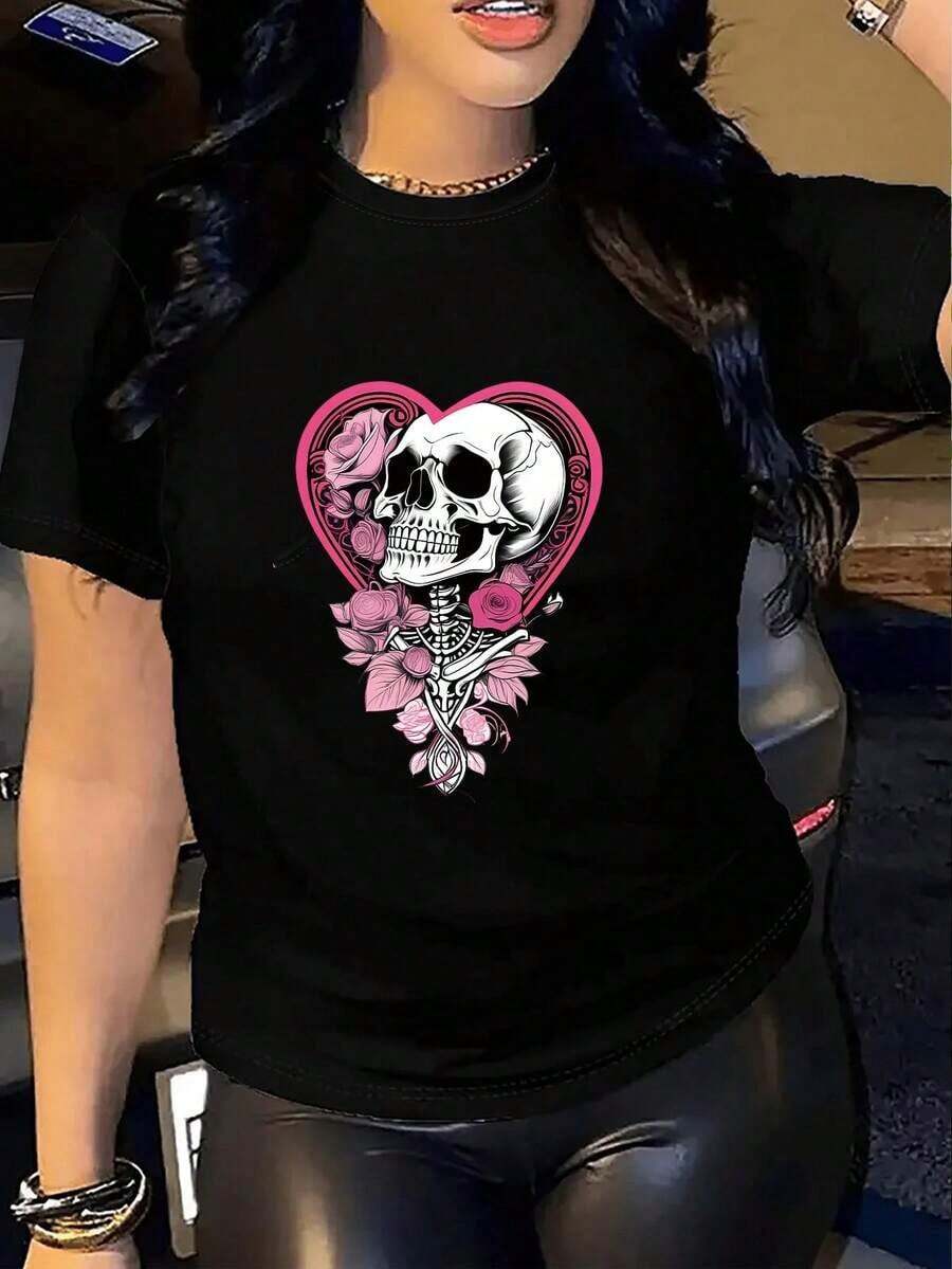 Women's Casual Short Sleeve T-Shirts With Skeleton And Rose Print - Black - View 1