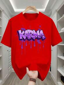 Men's Sports T-Shirt, Urban Style, With Graphic Print Of 'Karma' Letters In Neon Purple And Stars With Dripping Paint Effect - Crew Neck, Short Sleeve, Casual, Comfortable Fit, Urban Fashion, Relaxed Design, Plus Size - 紅色 - 查看 1