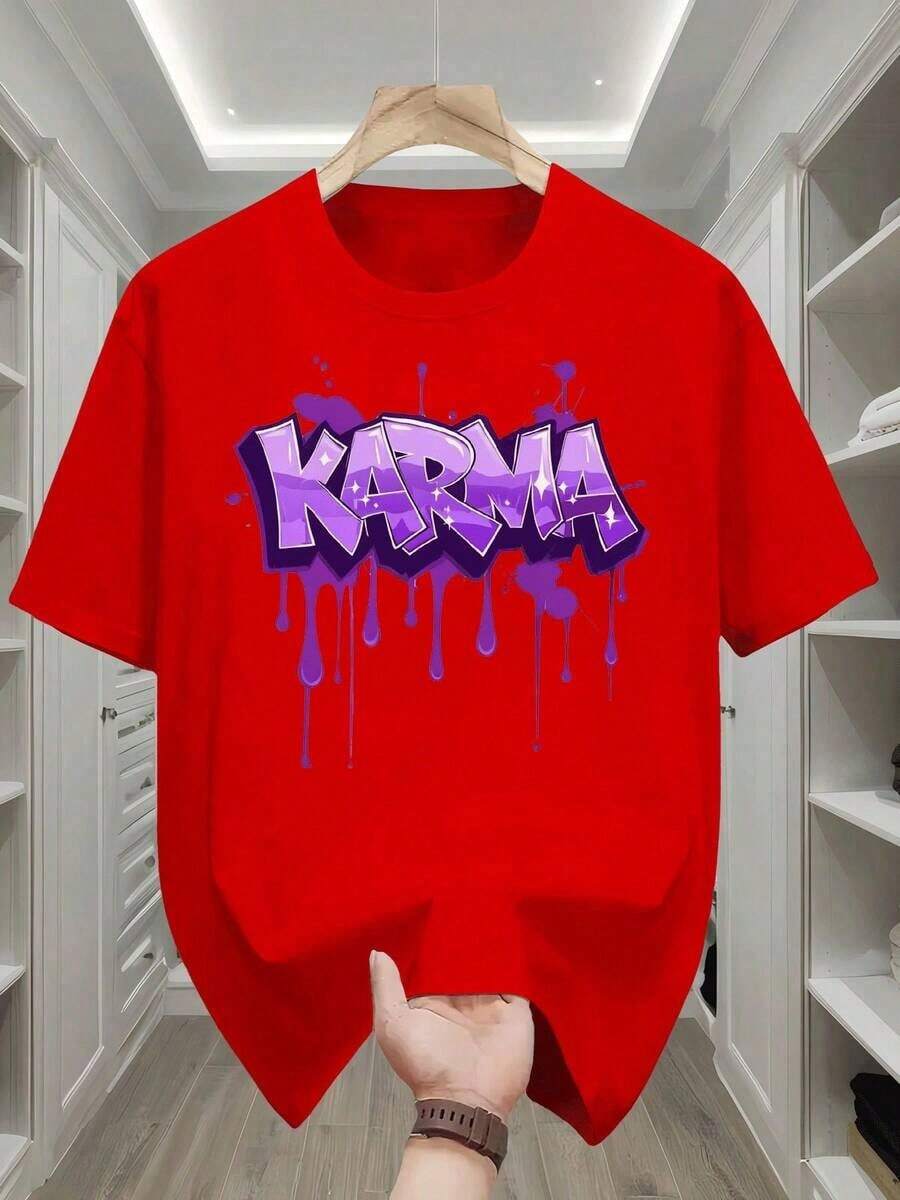Men's Sports T-Shirt, Urban Style, With Graphic Print Of 'Karma' Letters In Neon Purple And Stars With Dripping Paint Effect - Crew Neck, Short Sleeve, Casual, Comfortable Fit, Urban Fashion, Relaxed Design, Plus Size - 紅色 - 查看 1