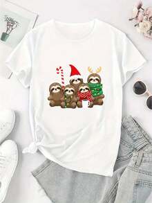 Creative Sloth Pattern Printed Women'S Round Neck Short Sleeve, Simple Casual Sports T-Shirt, Comfortable Summer Top For Holidays. - White - View 2