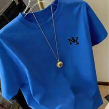 Women's Simple Pattern Printed Short Sleeve, Round Neck T-Shirt, Pattern T-Shirt Women's Top Loose And Comfortable Summer-Vintage Street Style Unisex Loose Cotton Short Sleeve Crew Neck T-Shirtblouses For Women. Blouses.Casual Blouses For Women. - 藍色 - 查看 3