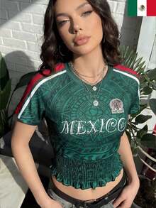 2026 Camiseta corta de mujer casual con cuello en V de malla mexicana, plisada y ajustada, adecuada para el estilo callejero en primavera y verano, ropa de verano para mujer, Copa Mundial - Verde - Ver 6