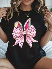 Camiseta negra con estampado de lazo de lunares rosados para mujer, camiseta gráfica de moda casual, top de verano, estilo lindo para chicas y mujeres. - Negro - Ver 1