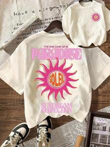 Camiseta Casual de Manga Corta con Cuello Redondo para Mujer, con Estampado "SUN Paradise Soleil", Ropa de Playa para Vacaciones de Verano, Ropa de Concierto de Tallas Grandes, Ropa para la Temporada de Graduación - Albaricoque - Ver 1