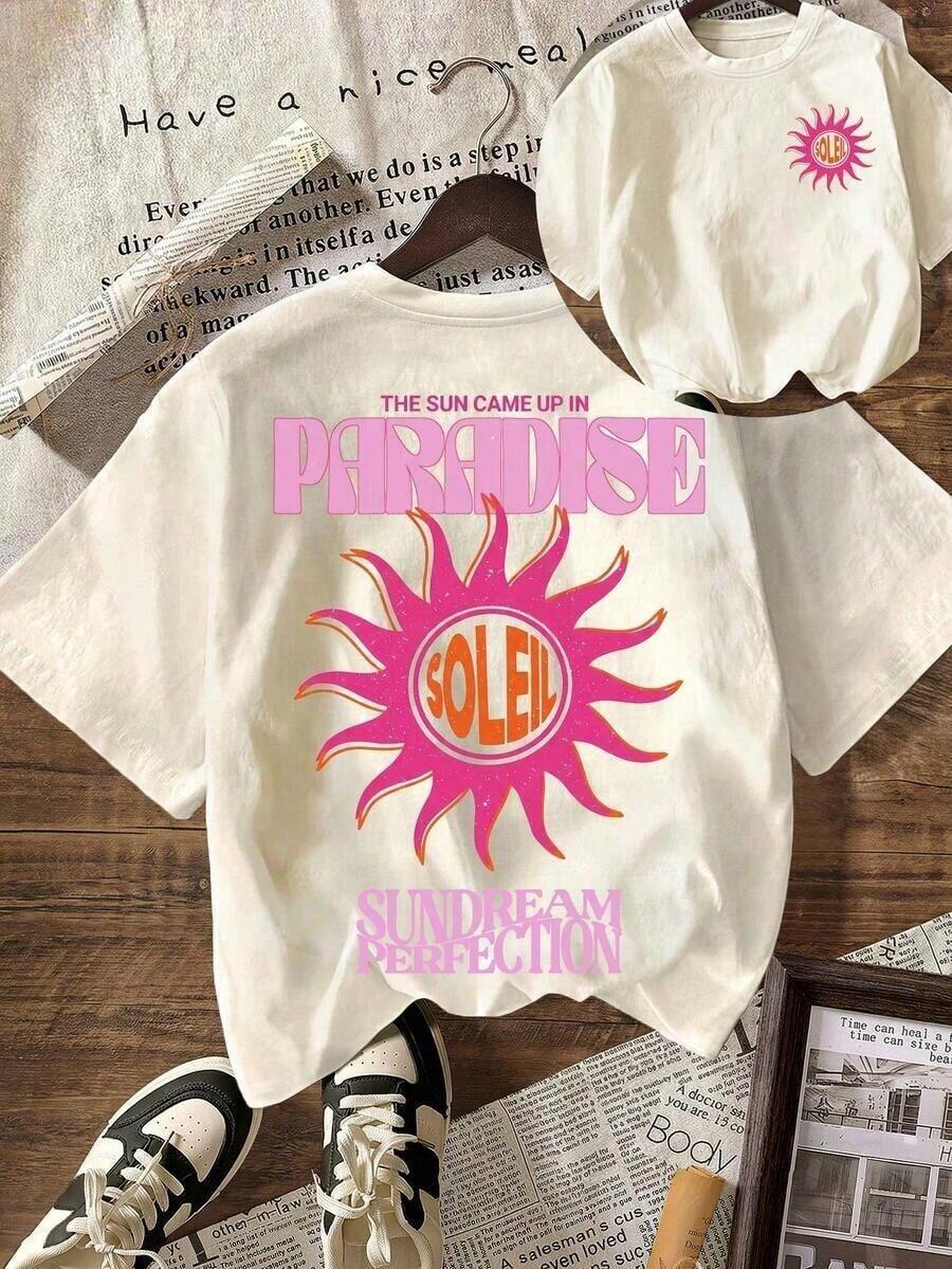 Camiseta Casual de Manga Corta con Cuello Redondo para Mujer, con Estampado "SUN Paradise Soleil", Ropa de Playa para Vacaciones de Verano, Ropa de Concierto de Tallas Grandes, Ropa para la Temporada de Graduación - Albaricoque - Ver 1